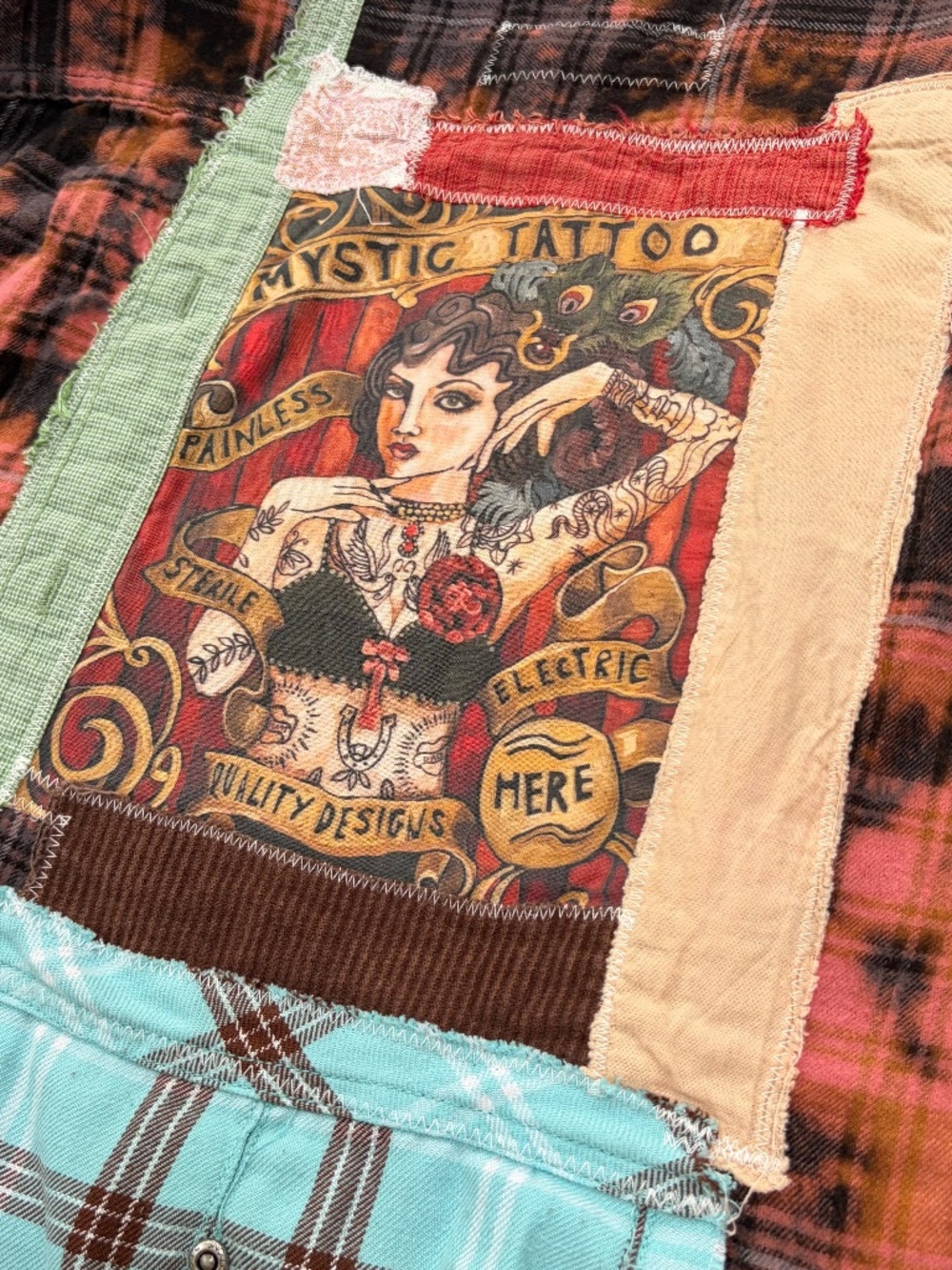 The Wooden Wolf Upcycled Bleached Flannel Shirt | Tattoo Art Patch | Size L